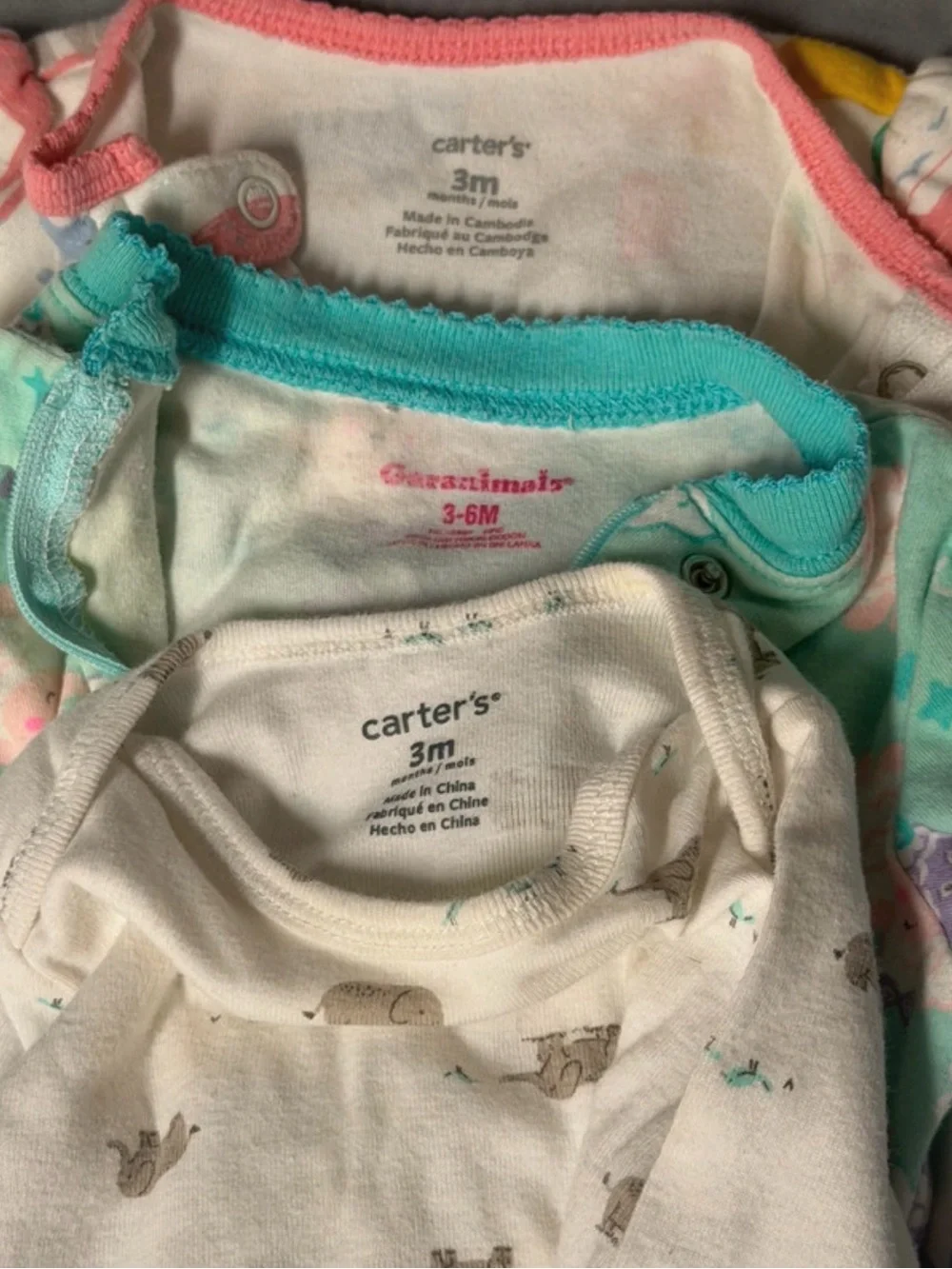 Carter's Baby One-Piece Sleepers in White, Mint, Pink & Yellow Animal Prints